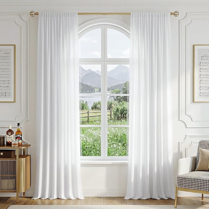 FMFUNCTEX Sheer Non-See-Through White Curtains for Bedroom, Faux Silk that Let Light Curtains 108 inches Long Light Filtering Privacy Sheer Window Drapes for Living Room, Rod Pocket 2 Panels Set