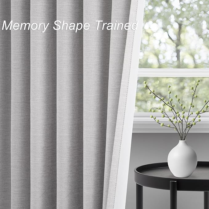 Topfinel 105 Inches Long Custom Black Out Faux Thick Linen Drapery Two Panels, Gray Sound Proof Tape Trim Back Tab Curtains, Pleated Outdoor Patio Curtains, Cortinas para Cuarto Bloqueador Christmas