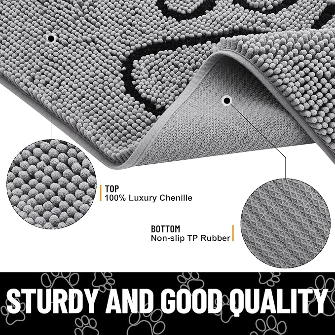 Smiry Dog Door Mat for Muddy Paws, Absorbent Dirt Trapper Non Slip Quick Dry Washable Chenille Mat for Mud Dogs, Entry Rug for Indoor and Outdoor (70x32 Inches, Grey and Black)