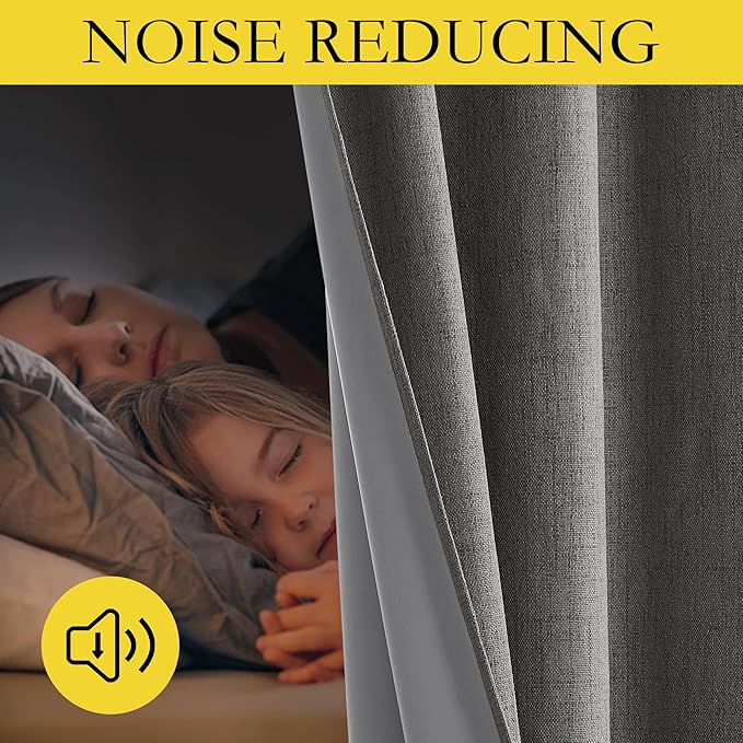 NICETOWN Grizzle Gray Vintage Linen 100% Blackout Curtains for Living Room, Thermal Insulated Curtains 108" Long, Noise Reducing Window Treatment Drapes for Hall Room, 52" Wide Per Panel, Set of 2