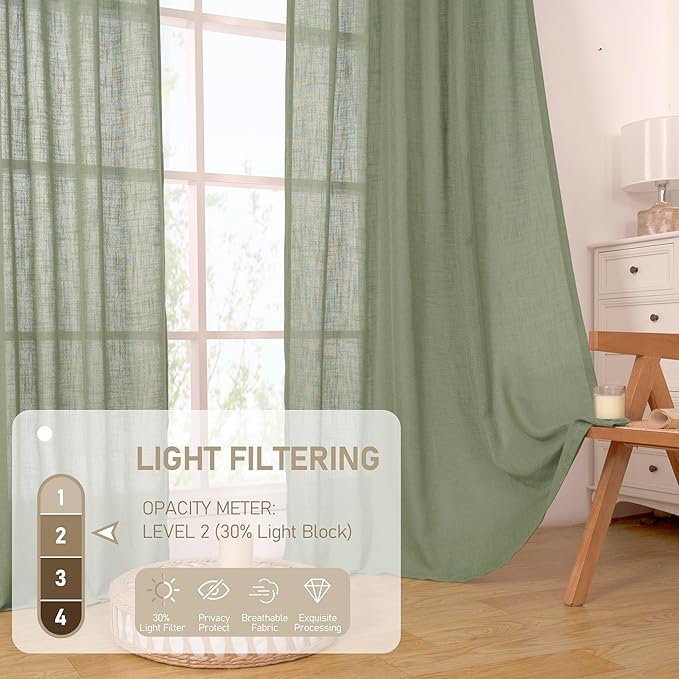 LAMIT Sage Green Linen Sheer Curtains 80 inch for Living Room, Soft Thick Bronze Grommet Light Filtering Boho Window Textured Neutral Drapes for Bedroom Farmhouse, 2 Panels Set, 52 x 80 Inch