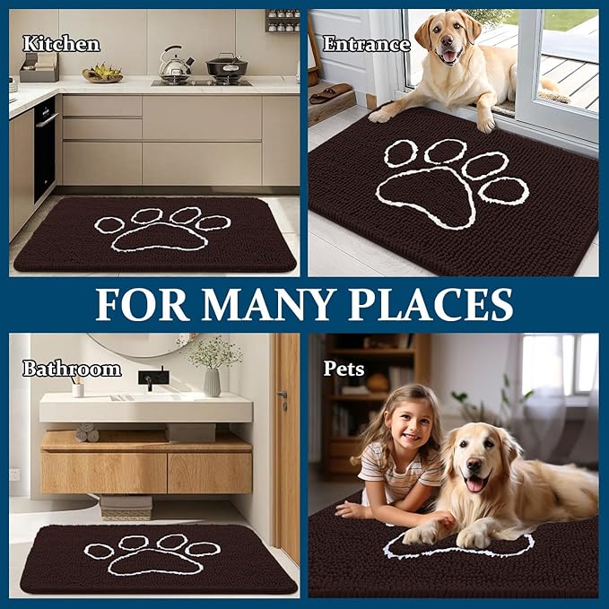 OLANLY Dog Door Mat for Muddy Paws 59x24, Paw Print Design, Absorbs Moisture and Dirt, Absorbent Non-Slip Washable Doormat, Quick Dry Chenille Mud Mat for Dogs, Entry Indoor Entryway Carpet, Brown