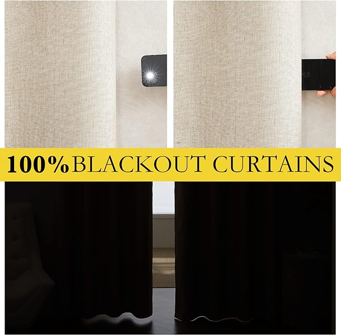 NICETOWN Beige Living Room Completely Shaded Linen Draperies, 2 Pieces, W62 x L72, Privacy Protection & Noise Reducing Ring Top Drapes, White Lined Insulated Window Treatment Curtain Panels