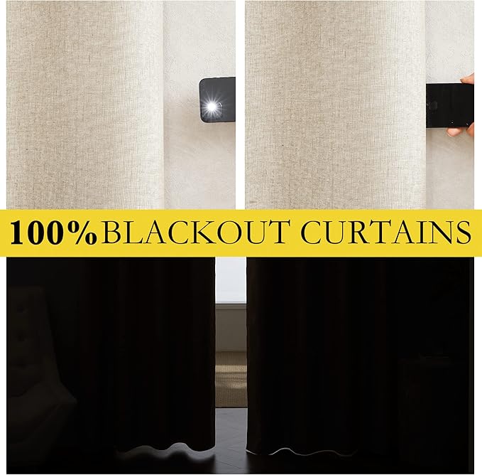 NICETOWN 100% Absolutely Blackout Linen Curtains with Thermal Insulated White Liner, Beige, 62" Wide, 2 Pieces, Privacy Vertical Window Drapes for Office Laundry Living Room Windows 84 inch Long