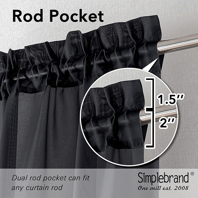Simplebrand Black Valances 14 Inches Long for Living Room Pocket 2 Panel Light Filtering Sheer Translucent Valence Toppers for Window Kitchen Bathroom Bedroom 42x14 Inch Length