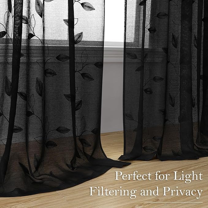 HOMEIDEAS Black Sheer Curtains 52 X 84 Inches Length 2 Panels Black Embroidered Leaf Pattern Gothic Faux Linen Floral Semi Sheer Voile Window Curtains/Drapes for Bedroom Living Room