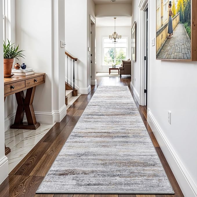 3x9 Washable Runner Rug for Family: Easy-to-Clean Runners for Hallway Entryway Kitchen Bedroom - Stain and Water Resistant Rugs with Non-Slip Backing - Soft Low-Pile Carpet Beige Grey