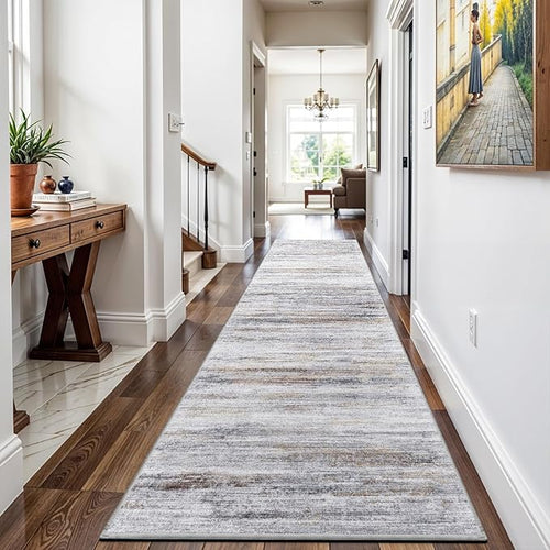 2x12 Washable Runner Rugs for Hallway: Long Abstract Runners for Entryway Dining Room Office - Stain and Water Resistant Rugs with Non-Slip Backing - Soft Low-Pile Carpet Beige Grey
