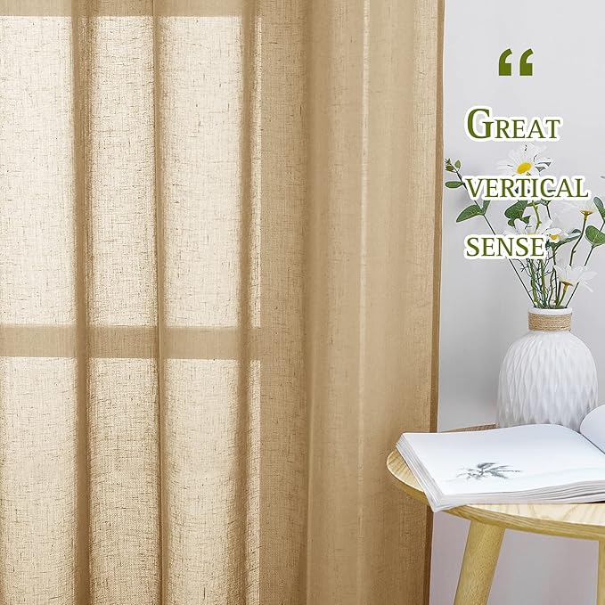 NICETOWN Sheer Linen Curtains for Sliding Glass Door, Grommet Semi Sheer Linen Blend Window Drapes Privacy with Light Filtering for Bedroom/Living Room, Camel, W70 x L84, 2 Panels