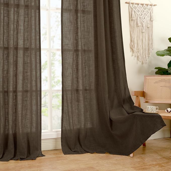 LAMIT Dark Brown 72 inch Linen Curtains for Living Room 2 Panels, Linen Textured Light Filtering Semi Sheer Back Tab and Rod Pocket Farmhouse Curtain Panels for Bedroom/Farmhouse, 52 x 72 Inch