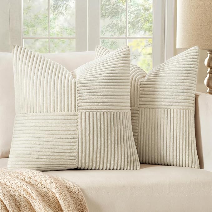 MIULEE Beige Decorative Euro Sham Pillow Covers 24x24 Inch for Bed Couch Sofa Pack of 2 Boho Neutral Farmhouse Throw Pillows Soft Cross Corduroy Patchwork Textured Cushion Cases