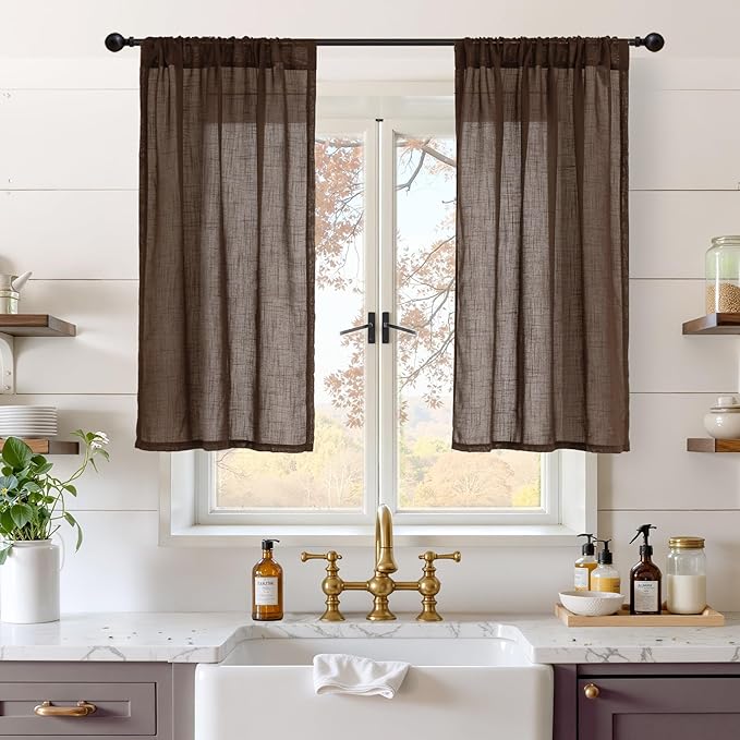 BGment Brown Linen Kitchen Curtains 40 Inch Length, Small Semi Sheer Drapes Textured for Cafe Window Over Sink Bathroom Decor Lightweight Rod Pocket, 2 Panels Set, Each 30 Inch Wide