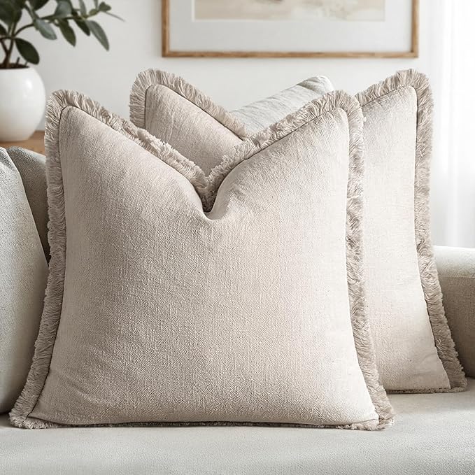 MIULEE Decorative Throw Pillow Covers Neutral Linen Fringe Throw Pillows Euro Shams Set of 2 Natural Beige Boho Farmhouse Cushion Covers for Couch Sofa Bed Living Room Spring Home Decor 26x26 Inch