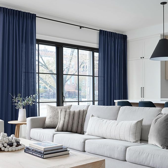 Navy Blue Curtains 96 inch Length for Bedroom Back Tab Light Filtering Semi Sheer Blue Living Room Curtains Linen Cotton Textured Indigo Blue Drapery Panel Modern Farmhouse Aesthetic Decor Dark Blue