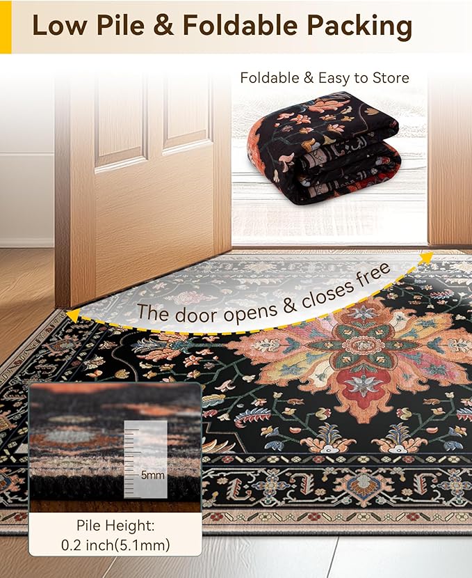 Area Rugs 4'x5' Washable Non-Slip, Floral Vintage Distress Print Pattern Medallion Carpet for Living Room Bedroom Dining Room, Black Colorful Floral Dark Tan