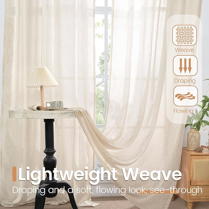 BGment 36 Inch Length Oatmeal Linen Curtains for Kitchen Window - Small Half Drapes Light Filtering Semi Sheer Natural Textured with Rod Pocket for Cafe Bathroom, 2 Panels Set, 30 X 36 Inch