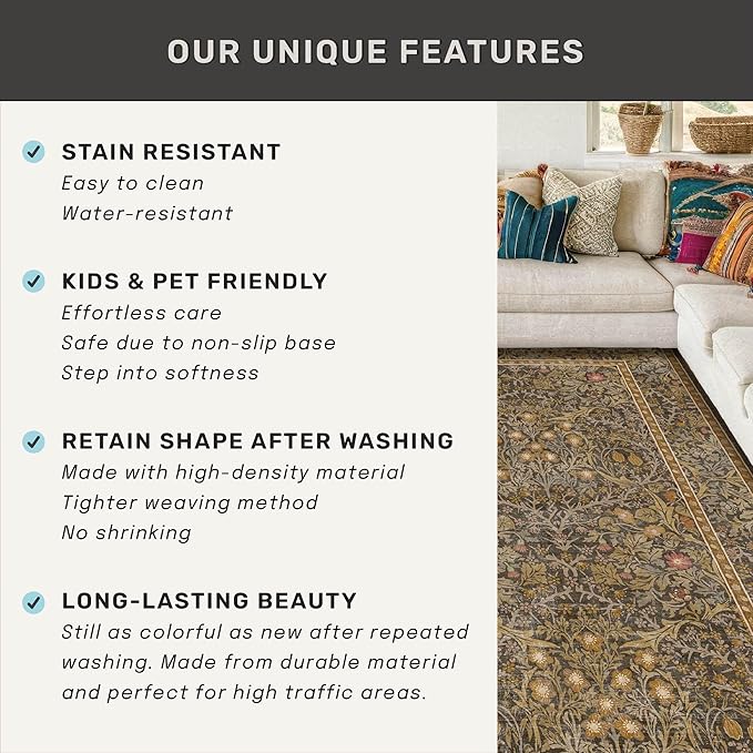 Gold Brown Floral Living Room Rug 5x7 - Vintage Forest Washable Area Rugs for Dining Room, Bedroom, Oriental Distressed Low Pile Non Slip Stain Resistance Indoor Earthy Carpet