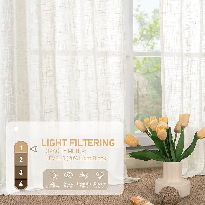 LAMIT Cream Linen Semi Sheer Curtains 63 Inch for Bedroom, Light Filtering Neutral Window Curtains Farmhouse Boho Back Tab and Rod Pocket Panels, 2 Panels, 38 x 63 Inch