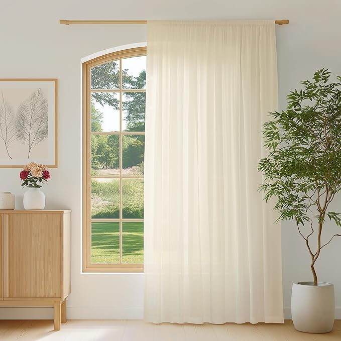 FMFUNCTEX Sheer Non-See-Through Butter Cream Curtains for Bedroom, Sliding Door Curtains 84 Inches Long Window Curtain Drapes for Living Room, Patio Glass Door Extra Wide Curtain, Rod Pocket 1 Panel