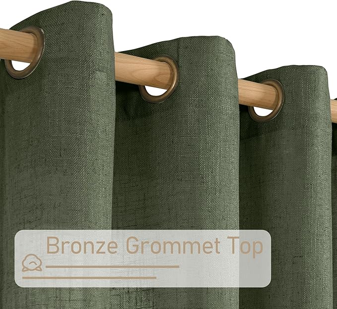 LAMIT Short Linen Curtains 36 Inch Length 2 Panels, Light Filtering Window Curtains Farmhouse Soft Bronze Grommet Panels for Bathroom/Small Windows/Cafe, Olive Green, 34 x 36 Inch