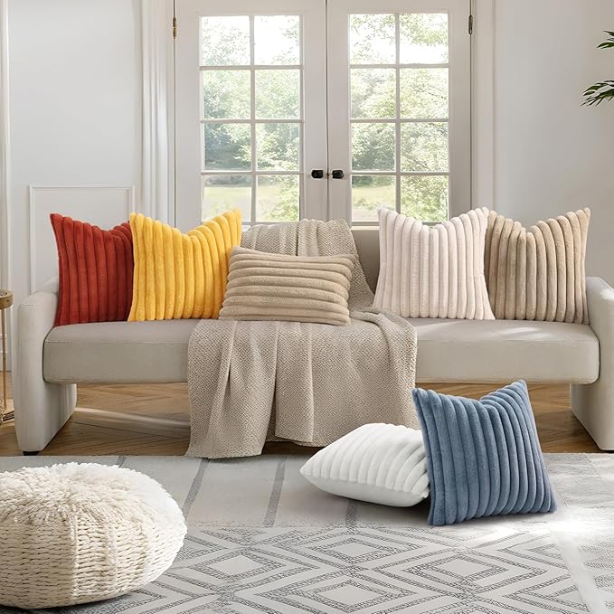 decorUhome Summer Cozy Faux Fur Throw Pillow Covers 12x20 Set of 2 Decorative Plush Striped Lumbar Modern Farmhouse Boho Couch Pillow Cases with Velvet Back for Sofa Bed Living Room, Mustard Yellow