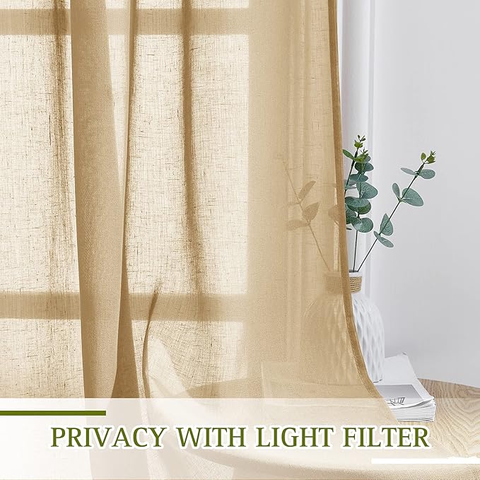 NICETOWN Sheer Linen Curtains Flax Texture 96 inch Long, Grommet Semi Sheer Window Treatments Privacy with Light Filtering Drapes for Bedroom/Living Room, Camel, W52 x L96, 2 Panels