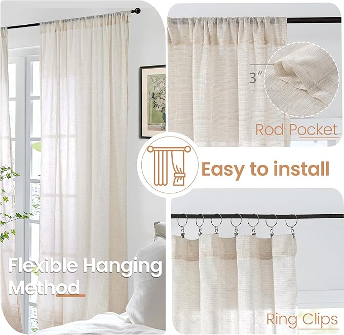 BGment Linen Curtains 90 Inch Lenth for Living Room, Oatmeal Long Window Drapes Rustic Country Textured for Farmhouse Beroom Dining Room Decor Rod Pocket Lightweight, 2 Panels Set, Each 52 Inch Wide
