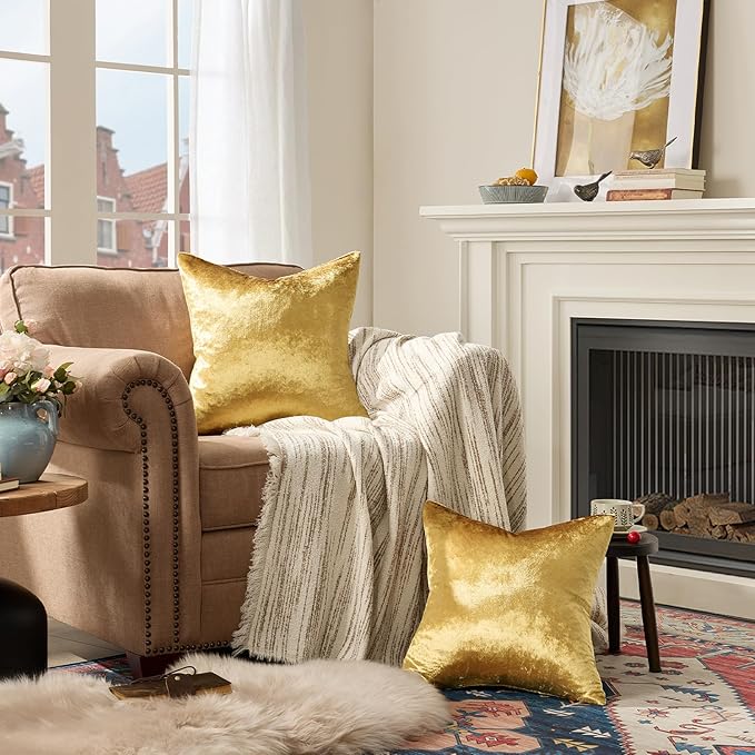 GIGIZAZA Gold Velvet Decorative 20x20 Throw Pillow Covers for Sofa Bed 2 Pack Soft Cushion Cover