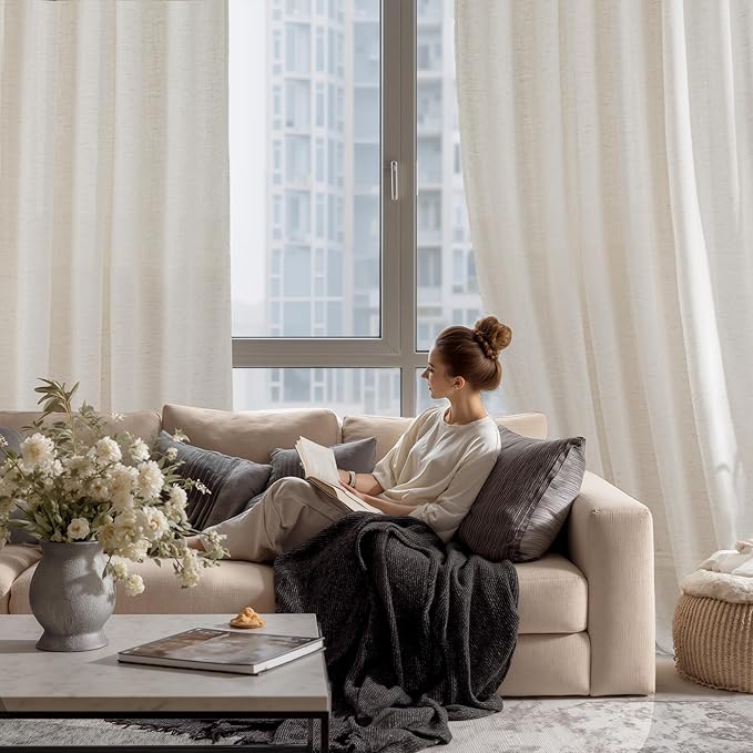 RYB HOME Linen Sheer Curtains Light & Airy Translucent Privacy Protected Vertical Panels for Bedroom Living Room, Rod Pocket & Back Tab, Ivory, W 52 x L 95 inch, 2 Panels