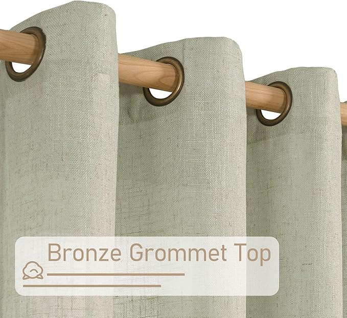 LAMIT Linen Curtains for Living Room, Sage Grey 90 Inch Length Bronze Grommet Linen Textured Farmhouse Curtains Light Filtering Drapes for Bedroom/Dining Room, Set of 2, 52 x 90 Inch