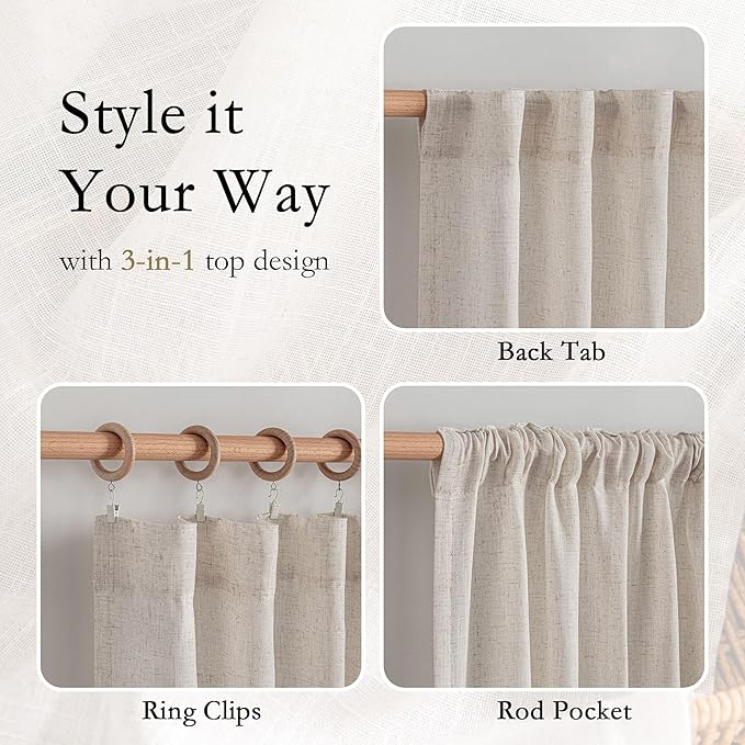 MYSKY HOME Natural Linen Curtains for Living Room, Semi Sheer Curtains & Drapes 80 inches Length 2 Panels Set Farmhouse Country Style Back Tab Draperies for Sliding Glass Door, 50" Wide, Linen