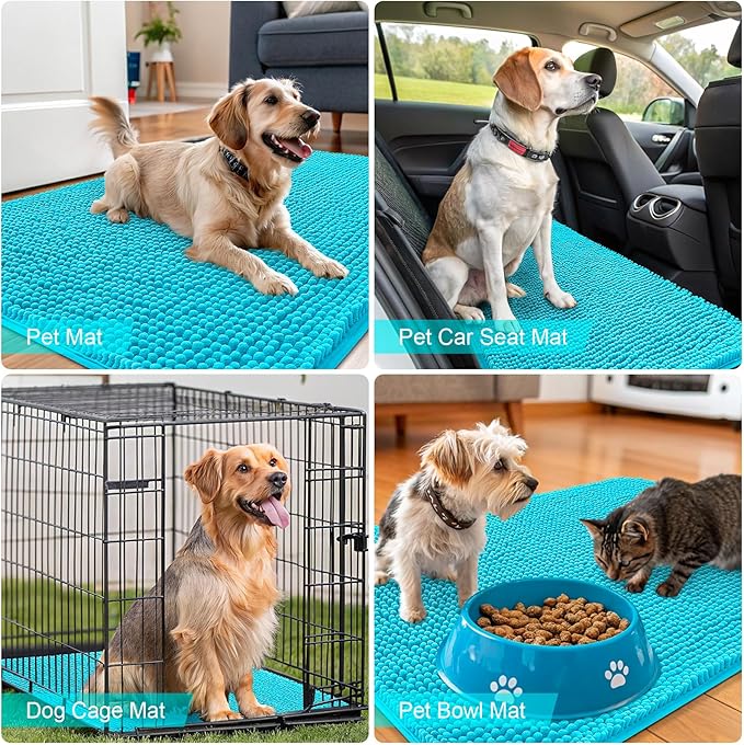 OLANLY Dog Door Mat for Muddy Paws 59x20, Absorbs Moisture and Dirt, Absorbent Non-Slip Washable Doormat, Quick Dry Chenille Mud Mat for Dogs, Entry Indoor Entryway Carpet for Inside Floor, Aqua Blue
