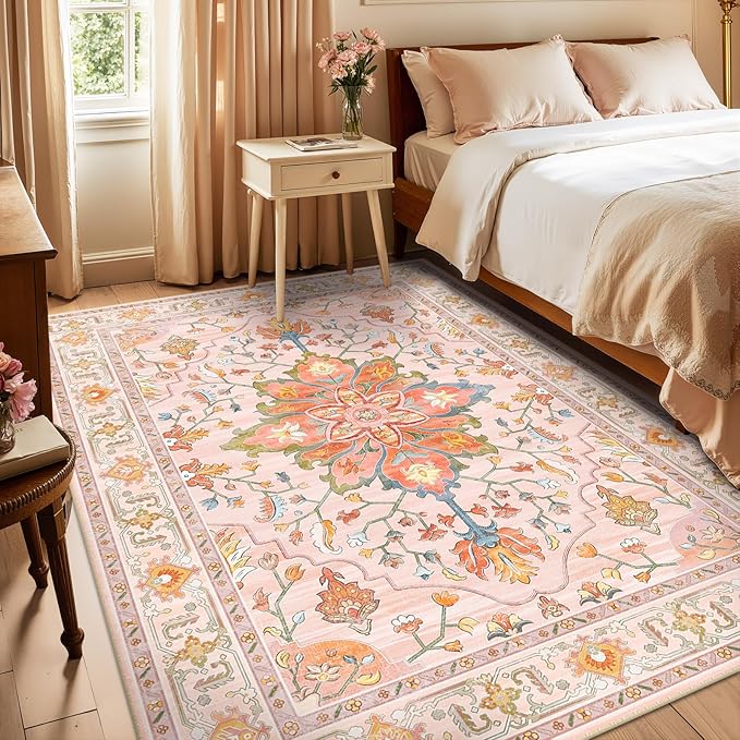 Area Rugs 5'x7' Washable Non-Slip, Floral Vintage Distress Print Pattern Medallion Carpet for Living Room Bedroom Dining Room, Light Pink Colorful