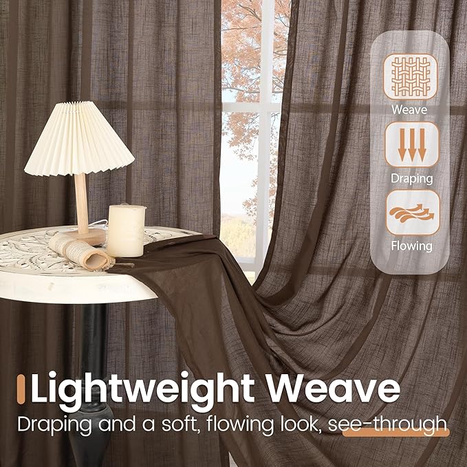 BGment Curtains 48 Inch Length for Short Window, Brown Linen Sheer Drapes for Bedroom Kitchen Cafe Bathroom Decor Lightweight Rustic Country Textured Rod Pocket, 2 Panels Set, Each 42 Inch Wide