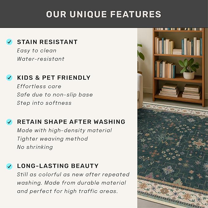 Hazo Haus Dark Green Vintage Living Room Rug 9x12 - Boho Unique Floral Victorian Decor, Washable Low Pile Non-Slip Extra Large Area Rugs for Dining Under Table Bedroom