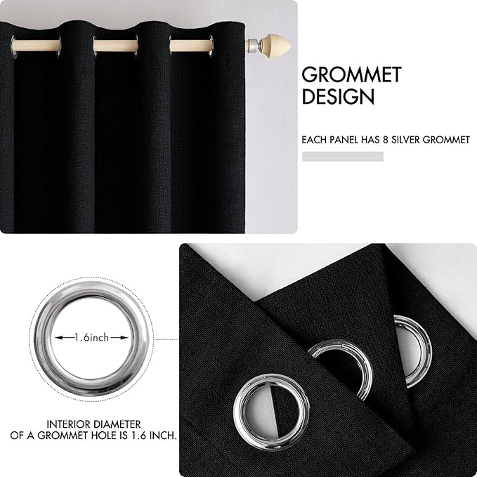 MIULEE Linen Texture Curtains for Bedroom Solid 100% Blackout Thermal Insulated Halloween Black Curtains Grommet Room Darkening Drapes for Living Room Nursery 52x84 Inch (2 Panels)