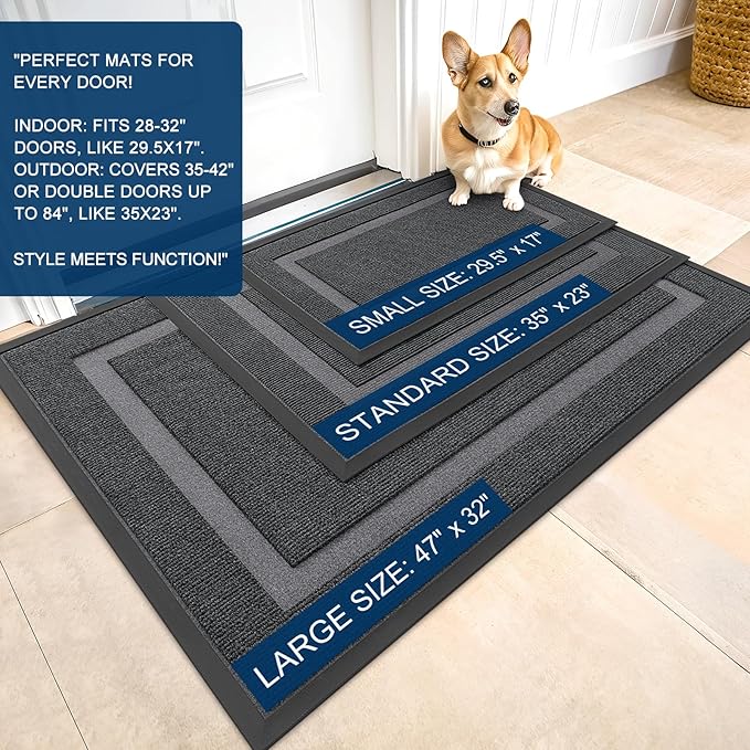 OLANLY Front Door Mat Indoor Outdoor Entrance, Waterproof All-Season, All-Weather Doormat, Sturdy Natural Rubber, Fade Resistant, Low Profile, Easy Clean Patio Porch Entryway Mat, 71x47, Grey
