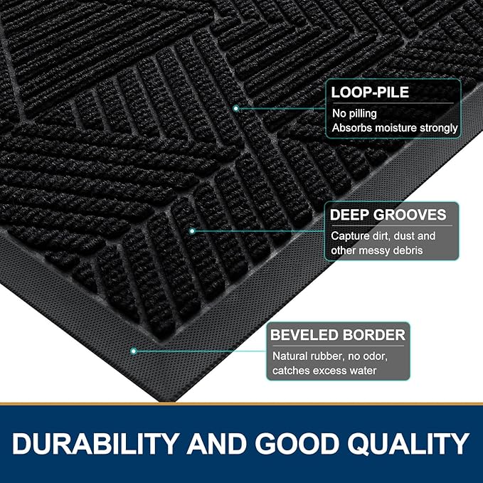 Smiry Front Door Mat Outside Entrance, Heavy Duty Sturdy Natural Rubber Doormat, Trap Dirt and Moisture, Easy Clean Low Profile Welcome Floor Mats for Indoor Outdoor Entry, 71x23 Inch, Black