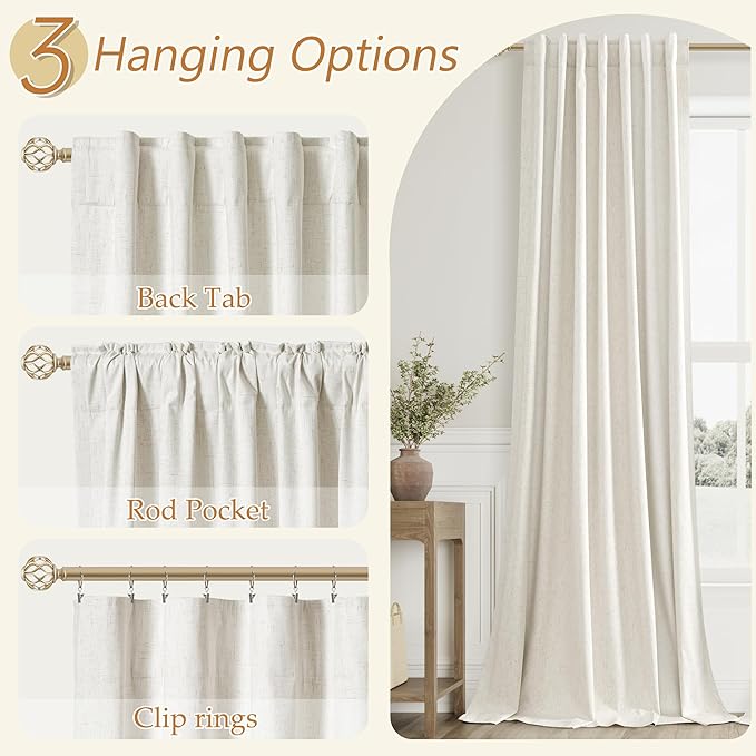 Cream 100% Blackout Linen Curtains 86 Inch Length 2 Panels Set for Living Room Bedroom Back Tab Thermal Insulated Black Out Drapes Room Darkening Farmhouse Style for Bedroom Window Curtains 52x86