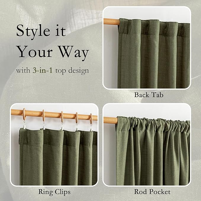 MYSKY HOME Curtains for Living Room 84 Inches Long Semi Sheer Light Filtering Privacy Drapes Linen Look Textured Boho Home Decor, Backdrop Curtain for Parties, 50" x 84", Olive Green, 2 Panels