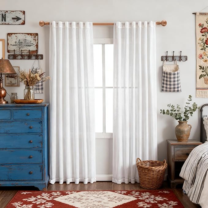 MYSKY HOME French Door Curtains for Closet Doorways, 72 Inches Long White Cotton Sheer Drapes Light Filtering Curtain Panels Elegant Look for Classroom/Guestroom Windows, 50" x 72", White, 2 PCs