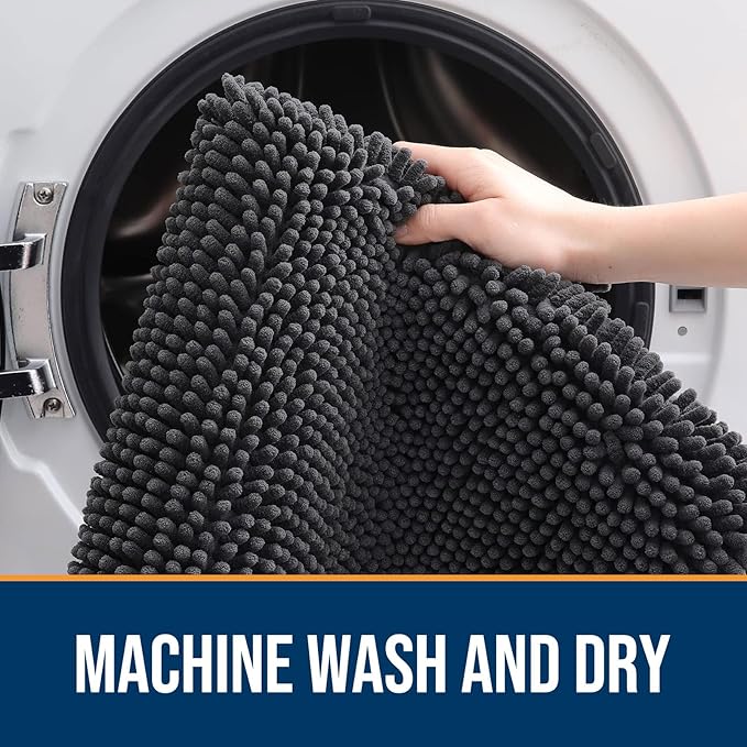 OLANLY Dog Door Mat for Muddy Paws 47x17, Absorbs Moisture and Dirt, Absorbent Non-Slip Washable Doormat, Quick Dry Chenille Mud Mat for Dogs, Entry Indoor Entryway Carpet for Inside Floor, Dark Grey