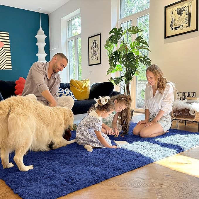 OLANLY 7x7 Machine Washable Large Area Rugs for Living Room, Bedroom, Soft Fluffy Shaggy Bedside Rug, Indoor Floor Carpet for Kids Girls and Boys, Dorms, Nursery, Home Decor Aesthetic, Navy Blue