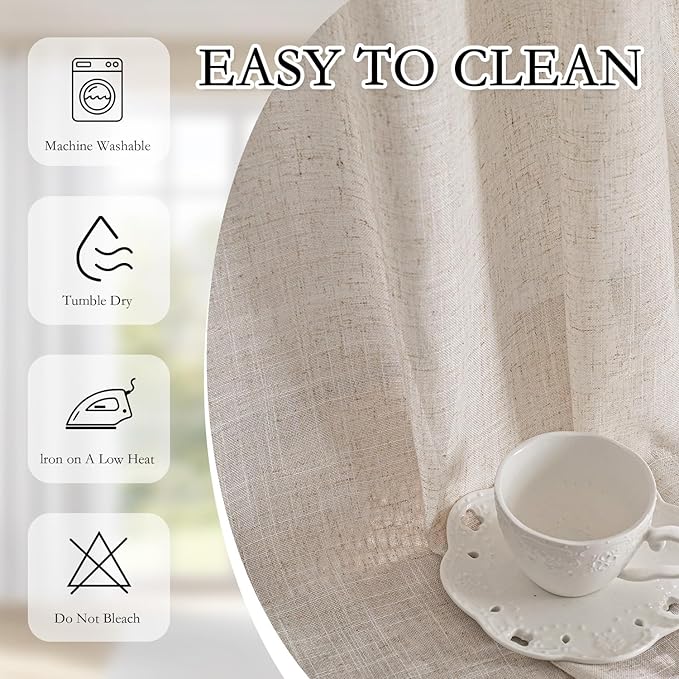 MYSKY HOME Natural Linen Curtains 30 Inches Long for Kitchen Window Semi Sheer Light Filtering Cafe Curtain Tiers Rod Pocket Short Country Decor Drapes for Basement/Small Window, 2 Panels, 34 x 30 in