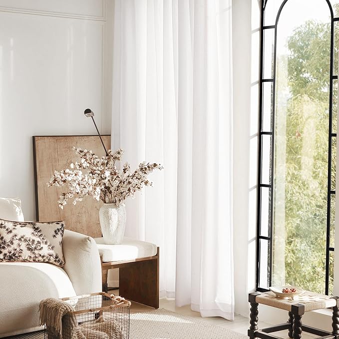 White Linen Curtains 54 inch Long 2 Panel Set for Living Room Back Tab Rod Pocket Semi Sheer Light Filtering Bedroom Window Curtain 54 inch Length Cotton Textured Modern Elegant Coastal Drapes