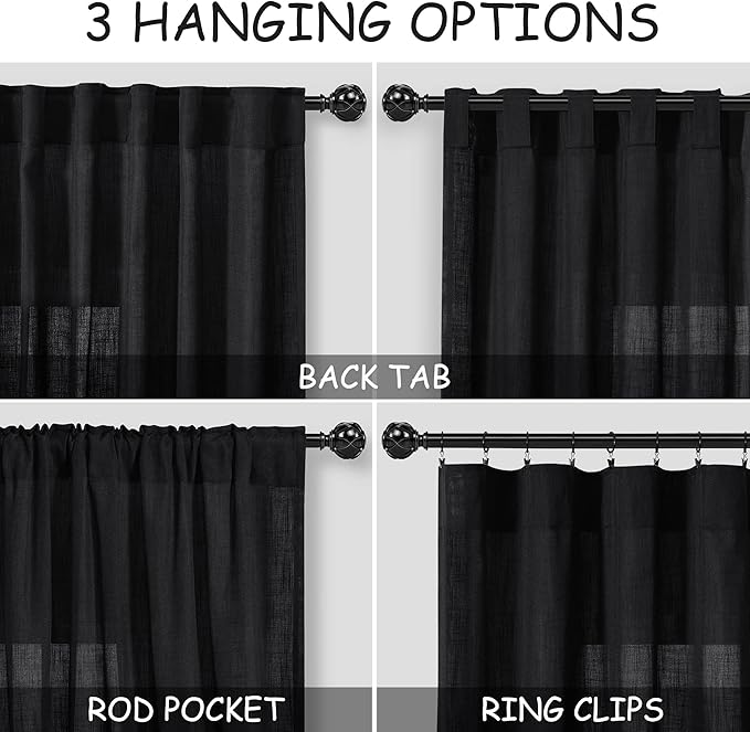 Nanspring Extra Long Black Linen Curtains 108 Inches Long 2 Panels Set for Living Room Privacy Simple Modern Semi Sheer Curtains Linen Textured Curtain for Bedroom Large Window 70x108