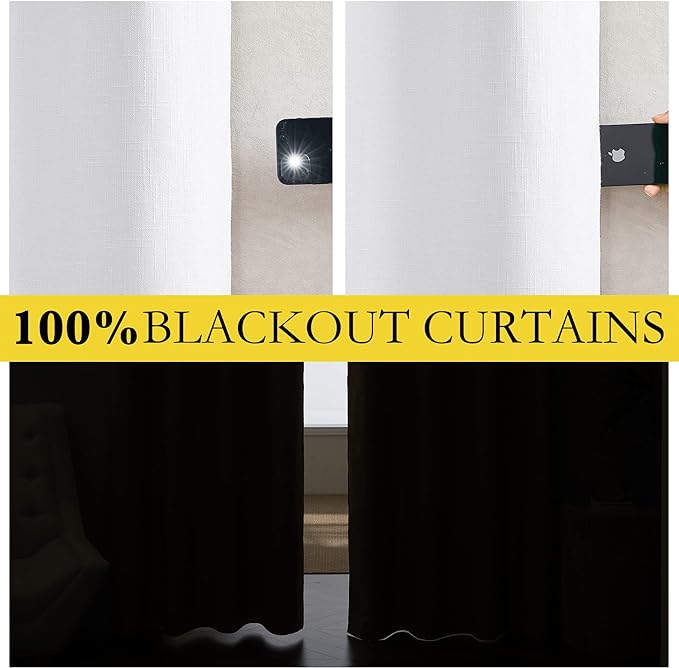 NICETOWN 100% Absolutely Blackout Linen Curtains with Thermal Insulated White Liner, White, 42 inches Wide, 90 inches Length Energy Saving Curtains for Living Room 2 Panels Set, Vertical Blinds
