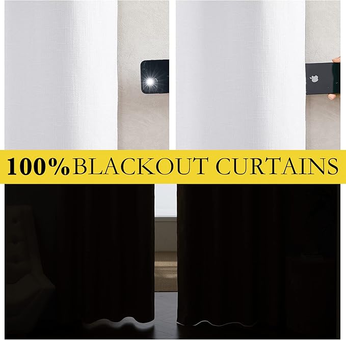 NICETOWN 100% Absolutely Blackout Linen Curtains with Thermal Insulated White Liner, White, 52 inches Wide, 108 inches Length Energy Saving Curtains for Living Room 2 Panels Set, Vertical Blinds