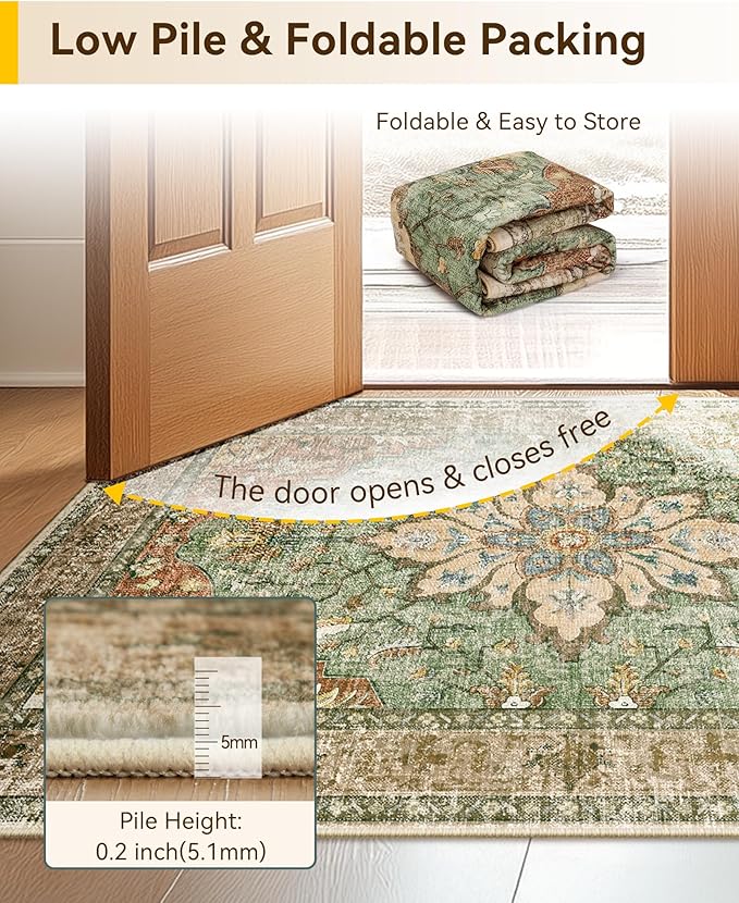 Area Rugs Square 6ft Washable Non-Slip, Floral Vintage Distress Print Pattern Medallion Carpet for Living Room Bedroom Dining Room, Brick Red Rust Neutral Brown Burnt Orange Green