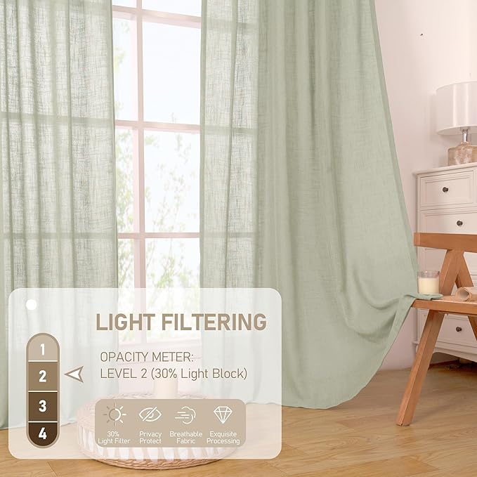 LAMIT Sage Grey Linen Curtains 45 inches Long for Bedroom, Soft Linen Textured Light Filtering Semi Sheer Panels with Bronze Grommet for Living Room, 2 Panels Set, 52 x 45 Inch